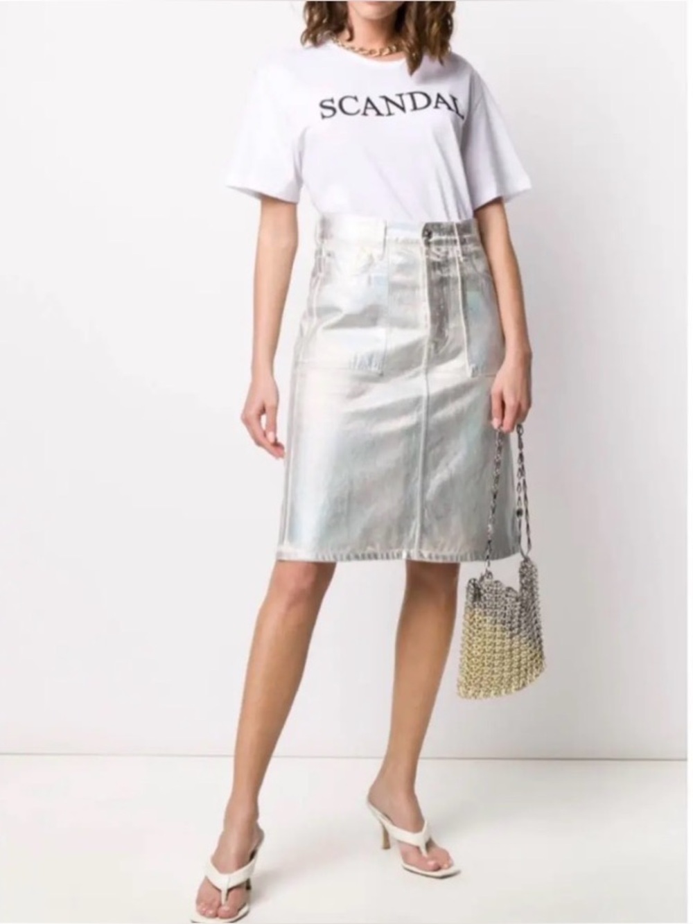 NWT Helmut Lang Silver Metallic Denim Pencil Skirt Size 24